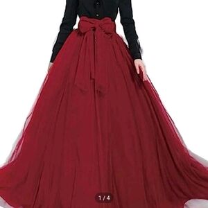 Deep Red mesh formal maxi skirt elastic waistband 4/6 sz.Medium with ribbon sash